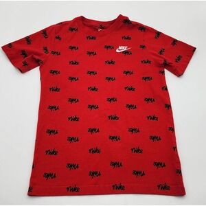 Nike T-Shirt Kids Large Red Black All Over Script Logo Print Tee S/S Boys EXC